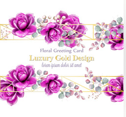 Fototapeta na wymiar Luxury rose flowers watercolor card Vector. Golden abstract frames decor banner. Royal wedding bouquets illustrations