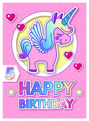 Happy Birthday Card Template with Cute Magic Unicorn. Lovely Dream Design.