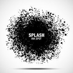 Splash ink spot. Drops black texture isolated on white background. Grunge abstract blot of splash spots. Sphere of black random blots. Vector design element.