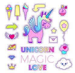 Stickers Set with Unicorn, Arrow, Shoe, Letter, Star, Comet, Flying Heart, Ice Cream, Cloud, Sun Glasses, Camera, Comet and Philter. Patch Badges Collection.