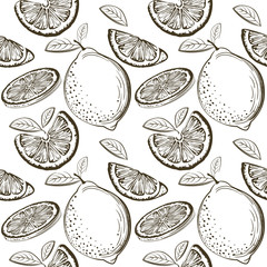 Lemon seamless pattern. Ink sketch lemons. Citrus fruit background. Elements for menu, greeting cards, wrapping paper, cosmetics packaging, posters etc