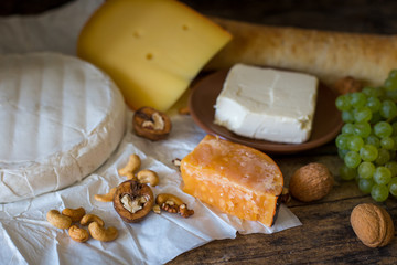 Variety of different cheese with nuts on the table