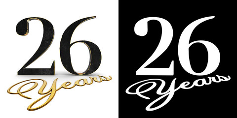 Golden number twenty six (number 26) and the inscription years with drop shadow and alpha channel. 3D illustration