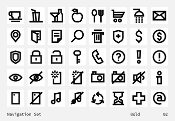 Navigation pictograms collection. Clean contour informative regular icons on white square