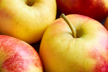 Close-up of multiple red yellow sweat soft organic apples with apple stalks	
