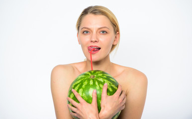 Girl thirsty attractive nude drink fresh juice whole watermelon cocktail straw white background....