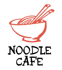 Bowl full of tasty noodles, logo hand-drawn with sumi-e brush