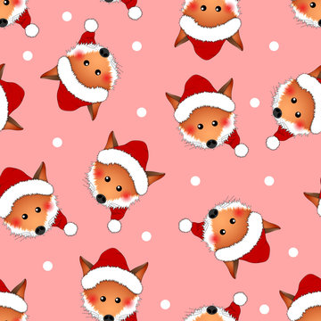Red Fox Santa Claus on Pink Christmas Background