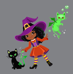 Cute witch turns a black cat into a dragon.