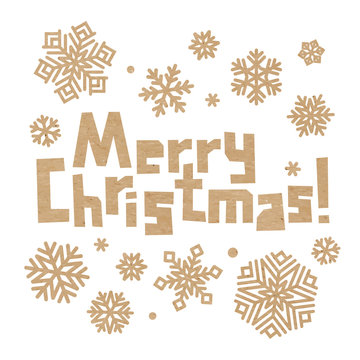 Rough incription Merry Christmas and snowflakes cut out of craft paper. Cardboard snow stickers. Vector carton winter holidays decoration on white background