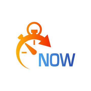 Icono plano cronometro con NOW en azul y naranja
