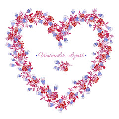 Floral blue, pink and red wreath heart shaped. Cliparts for wedding design, artistic creation.