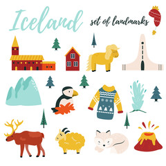 Set of Iceland symbols and tourist attractions