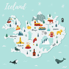 Iceland cartoon vector map. Travel illustration