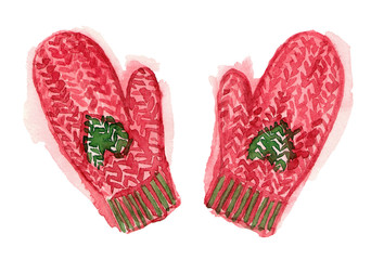 winter red knitted mittens. watercolor hand painted illustration. isolated elements.
