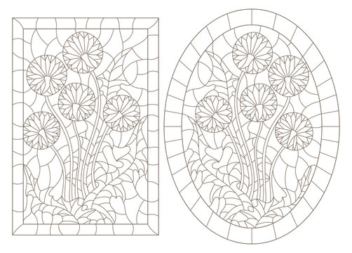 A set of contour illustrations of stained glass Windows with  Taraxacums in frames, dark contours on a white background, oval and rectangular image