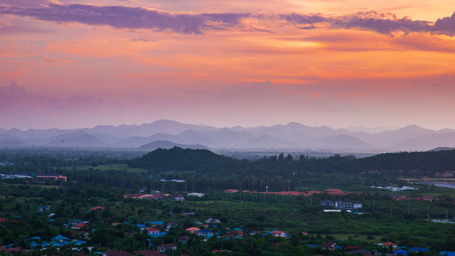 Beautiful golden hour sunset in the evening on the rooftop Vana Nava Sky Bar In Holiday Inn , Huahin Thailand
