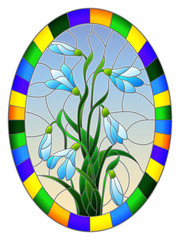 Illustration in stained glass style with bouquet of  white snowdrops  on a  sky background ,oval image in bright frame 