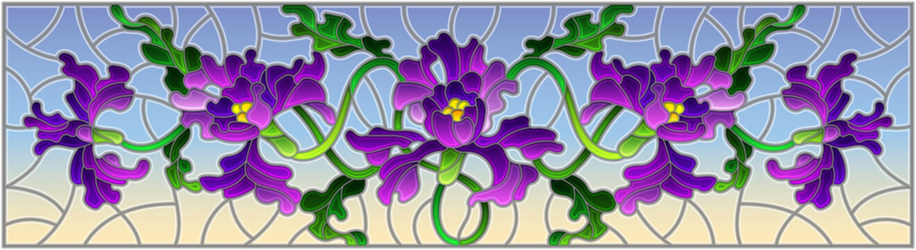Illustration in stained glass style with flowers and leaves of purple iris flower on blue background, horizontal image