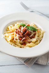 Piatto di pasta con ragu di cinghiale e pecorino, Italian food