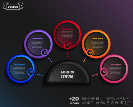 Vector infographic design with colorful circle on the black background. Business concept. 5 options, parts, steps. Can be used for graph, diagram, chart, workflow layout, number options, web