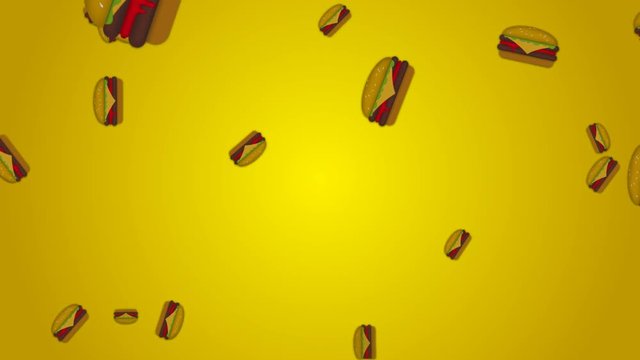 Falling Junk food on yellow background for motion graphics, birthday, advertise etc, falling donuts, falling burger,  falling pizza, food pattern background