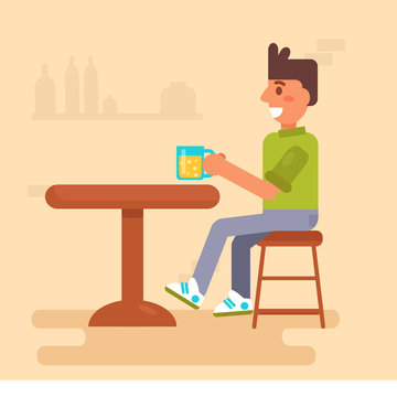 Man drinks in a bar Vector. Cartoon. Isolated art on white background.