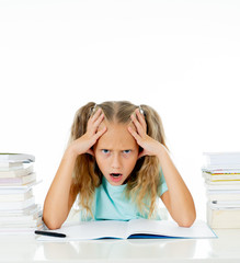 Stressed schoolgirl overwhelmed with too much homework hatting studying and school