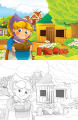 cartoon scene with farmer woman working on the farm - with coloring page - illustation for children