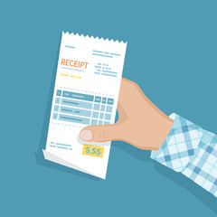 Receipt in man hand. Icon sales shopping check, bill, invoice, order. Paying bills. Payment of goods,service, utility, restaurant. Vector icon in a flat style isolated on a colored background.