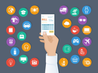 Payment of goods, services, utility, restaurant. Bill in man hand. Set of service icons. Shopping, check, receipt, invoice, order, score. Paying bills. Vector