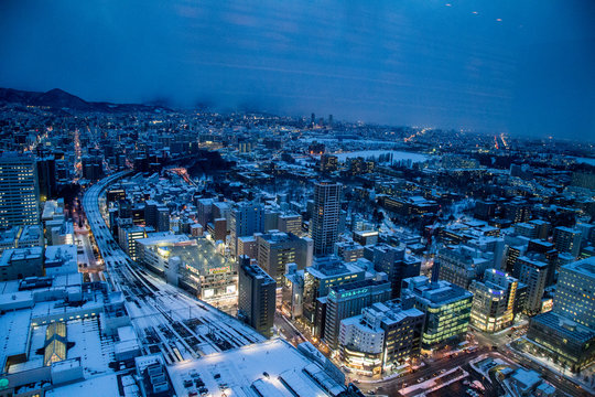 Sapporo cityscape (urban landscape) from top building JR Tower Observation Deck T38 in Japan