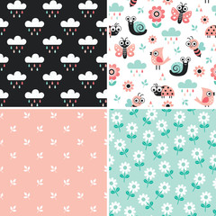 Vector collection of cute seamless patterns with cartoon bugs, insects and garden elements in blush pink and mint green. Pastel Spring backgrounds for baby and child, textiles and gift wrapping paper. - 227027540