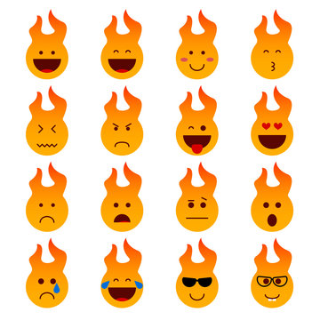 Emotion icons set, smile vector illustration. Different emotions fire character, icon isolated collection for chats and stickers. oncept for cards or banners