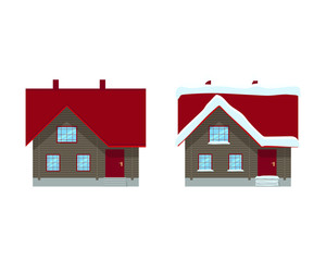 Wooden house with red roof summer and winter option. Cartoon house in flat design.