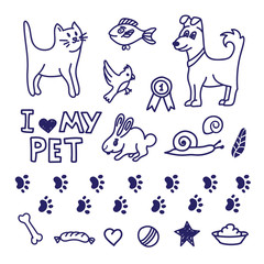 Drawing pet doodle collection. Home animal set with cat, dog, carrot, fish, rabbit, snail and accessories