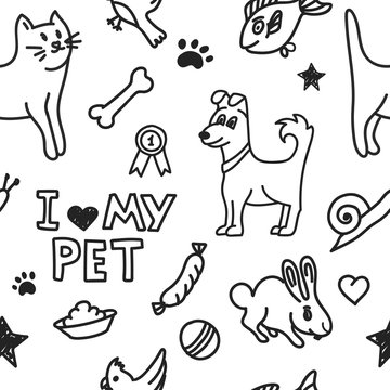 Drawing pet seamless background. Home animal pattern with cat, dog, carrot,  fish, rabbit, snail and accessories Stock Vector | Adobe Stock