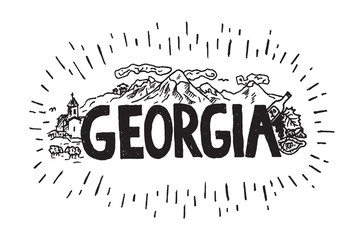 Hand drawn illustration of Georgia country with mountains, church, wine, khachapuri. Georgia drawing travel sketch with name.