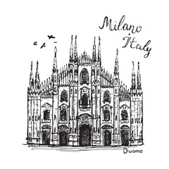 Sketch of Duomo church in Milan city. Drawing Italy famous cathedral.