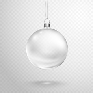 Christmas tree ball with silver ribbon isolated on transparent background. Vector translucent glass xmas bauble template.