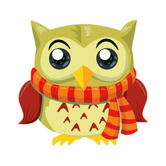 Green Owl with Scarf Cartoon Character Isolated on White Vector Illustration. Postcard