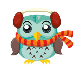 Vector Illustration of funny owl in headphones. Christmas, blue, happy