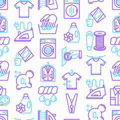 Laundry service seamless pattern with thin line icons: washing machine, spin cycle, drying machine, fabric softener, iron, handwash, washing powder, steaming, ozonation, repair. Vector illustration.