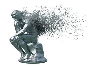 Desintegration Of Metal Sculpture Thinker On White Background - 227030780