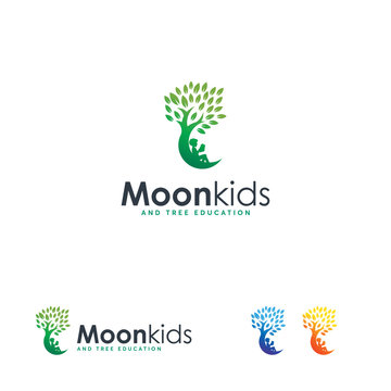 Kids Dream logo concept vector, Kids Moon logo icon, Child and Tree logo symbol