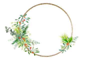 Minimal Christmas wreath with branches and golden ring © asife
