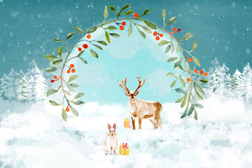 Christmas deeer and rabbit with a wreath in the forest