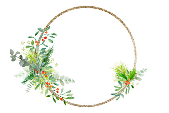 Minimal Christmas wreath with branches and golden ring