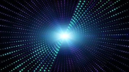 Bright light with lens flare moving. Background with particle pattern and spotlight beam.