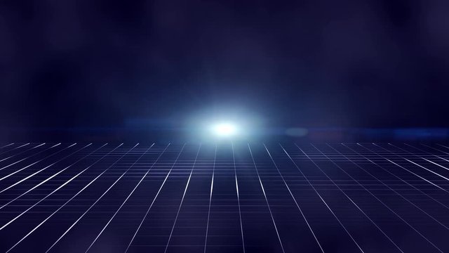Technology grid background with copyspace. Futuristic 3D perspective with moving camera.